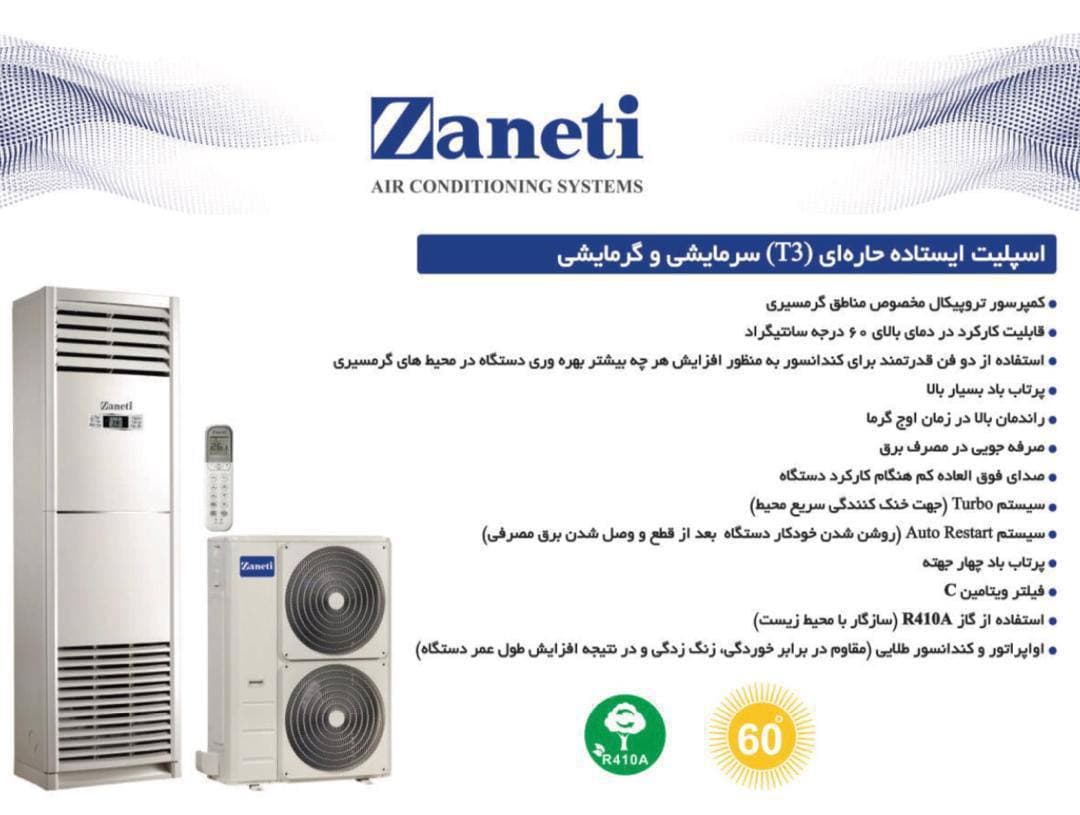 کولر گازی 36000 زانتی ایستاده گاز R410 توربو دو فن ZMFB-36HO3RANA Zaneti 