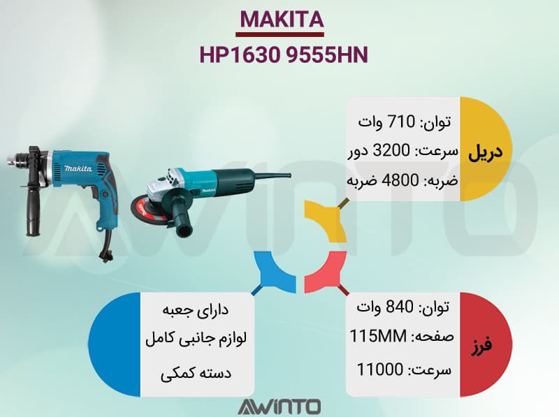 اینفوگرافی پک دو قلو دریل و مینی فرز ماکیتا HP1630 9555HN